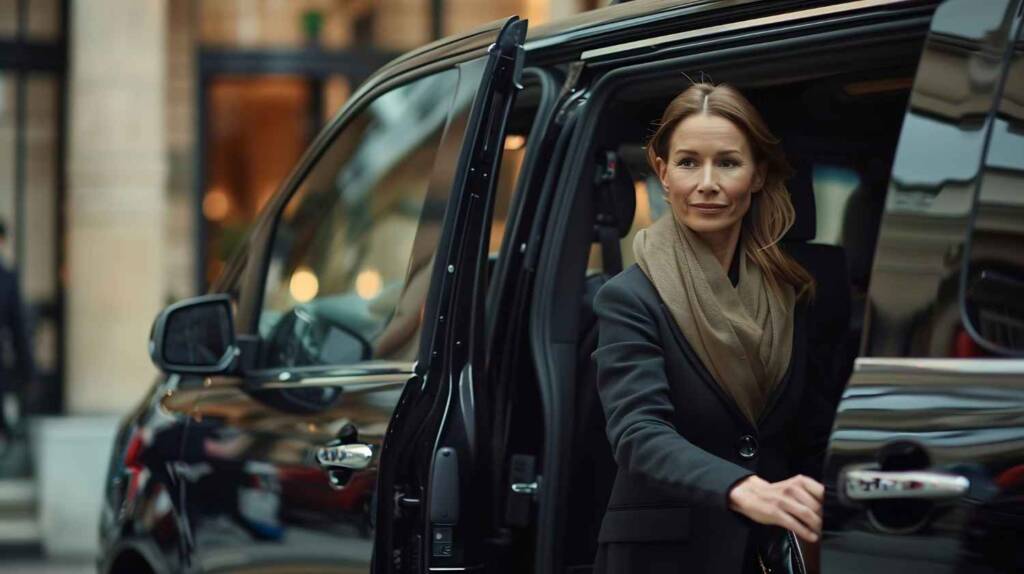A woman relaxed and comfortable in the back of a luxury vehicle, enjoying the premium airport transfer service with elegant interiors and a smooth ride.