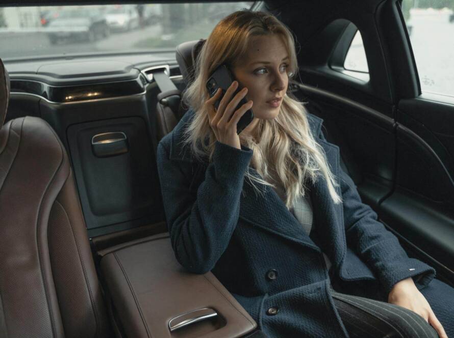 A businesswoman seated comfortably in a luxury minicab, dressed professionally. The interior of the vehicle is sleek and elegant, offering a premium travel experience.