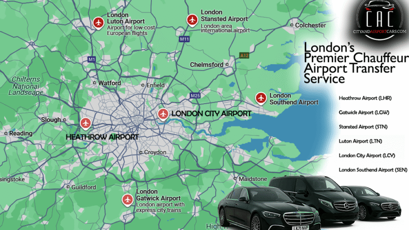 An image of a map of london showing all major london airports while mentioning their names and our premium fleet and cityandairportcars brand name.