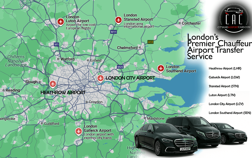 An image of a map of london showing all major london airports while mentioning their names and our premium fleet and cityandairportcars brand name.