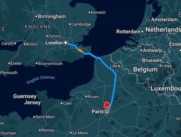 Google Map View of Travel distance between London to Paris