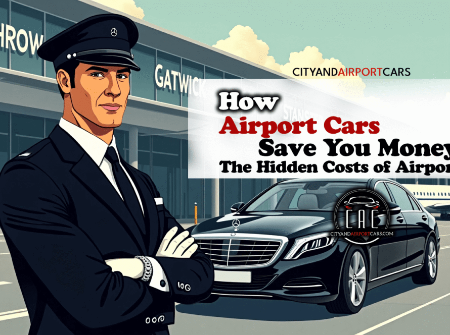 an illustration of a professional chauffeur with an executive car waiting outside london airport