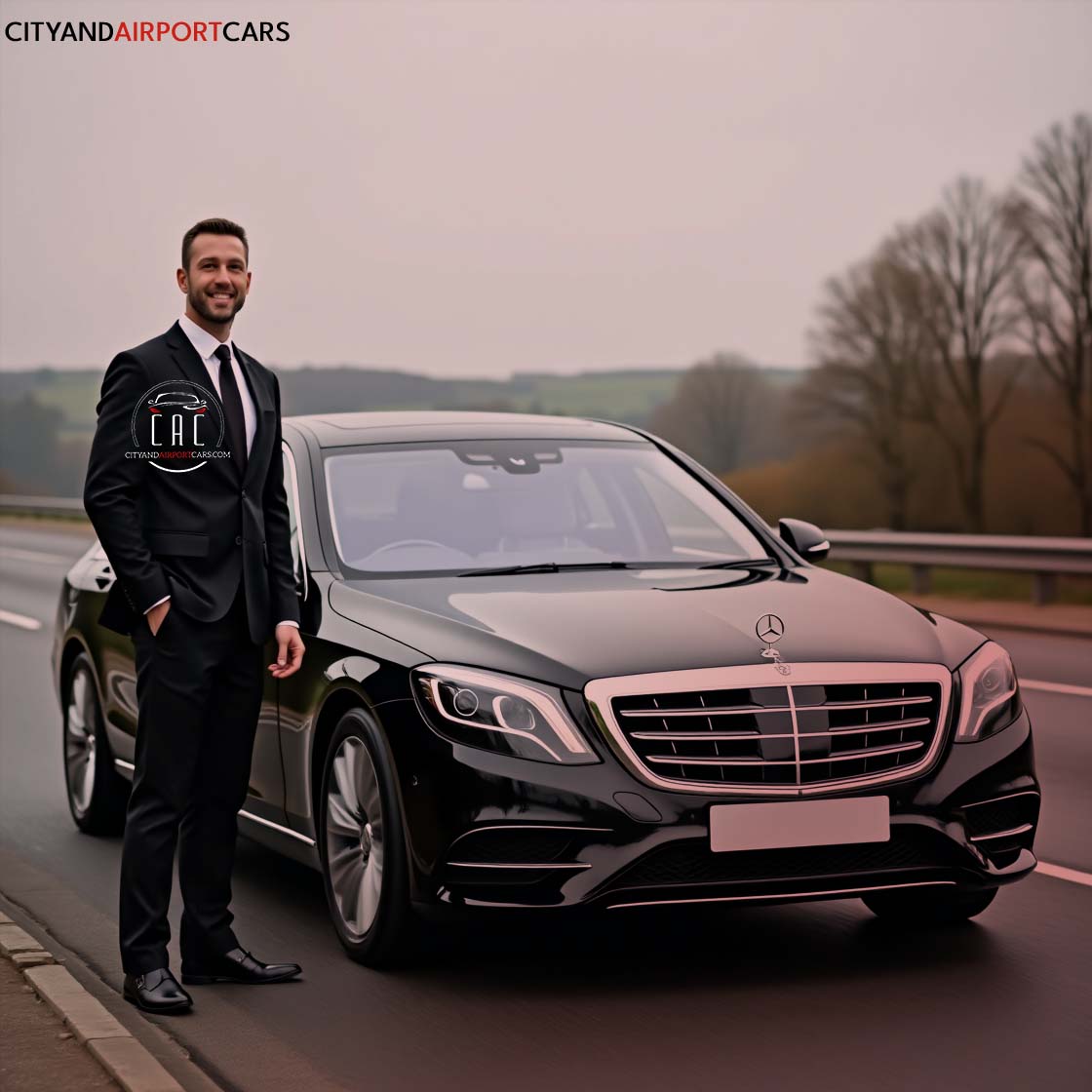 A suited chauffeur standing with his luxury mercedes s class in london