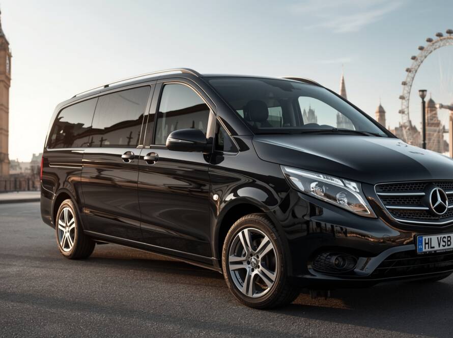 Mercedes V-Class luxury car in London with Big Ben and London Eye in the background – perfect for airport transfers and chauffeur services.