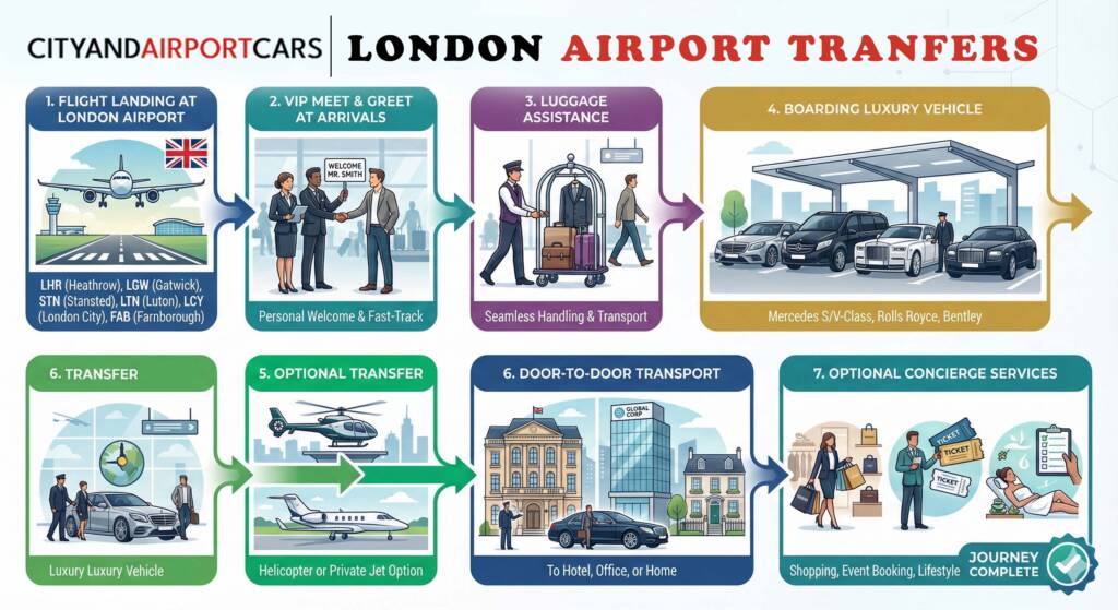 An infographic illustrating the 7-step London VIP airport transfer journey. Steps are: 1) Flight Landing, 2) VIP Meet & Greet at Arrivals, 3) Luggage Assistance, 4) Boarding Luxury Vehicle (Mercedes S/V-Class, Rolls Royce, Bentley), 5) Optional Helicopter or Private Jet Transfer, 6) Door-to-Door Transport to Hotel/Office/Home, and 7) Optional Concierge Services. The graphic uses flat icons and connected arrows to show a smooth, high-end travel process.