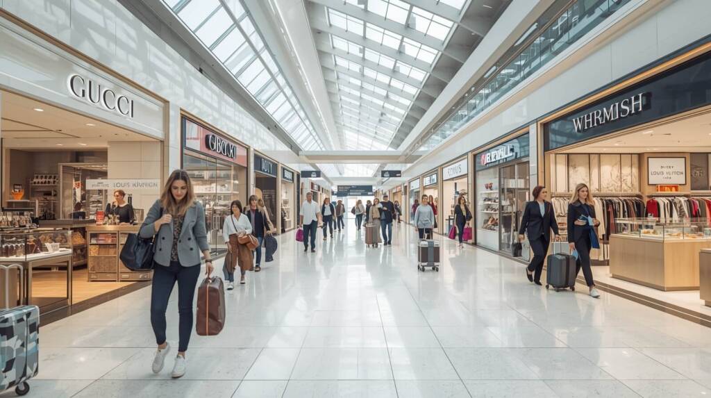 Passengers shopping at Heathrow Airport, browsing luxury fashion, beauty, and duty-free stores across terminals, including designer brands, travel essentials, and souvenirs.