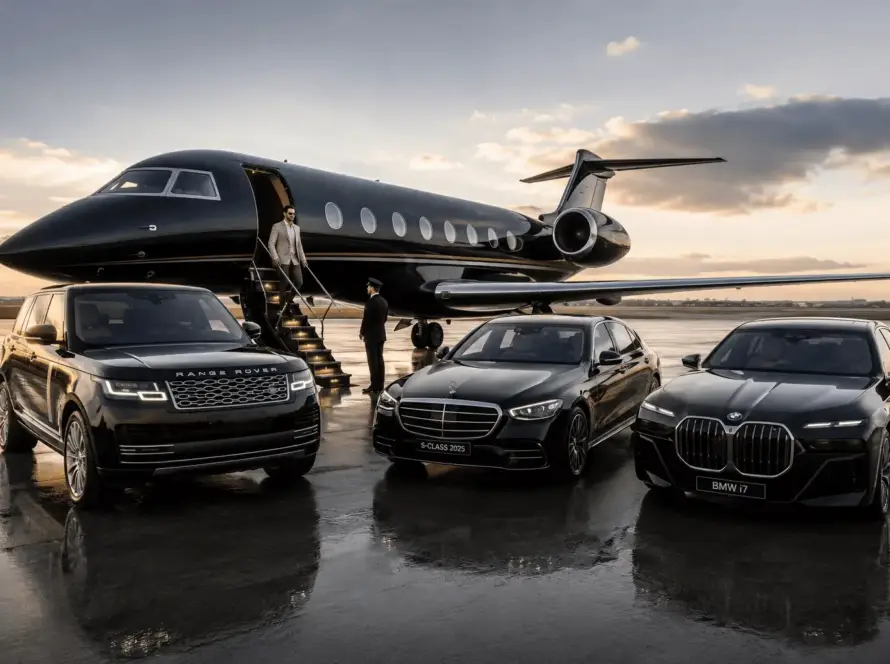 A chauffeur welcoming guests from a private jet with Mercedes S Class, Ranger Rover Autobiography and BMW i7